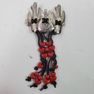 Handmade Tribal Hair Barrette Black w/ Red Heart Beads